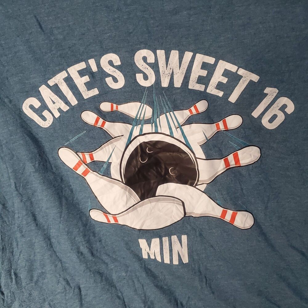 Cate’s Sweet 16 Min Bowling T-Shirt Youth L Blue Graphic Logo Tee Short Sleeve - Picture 2 of 3